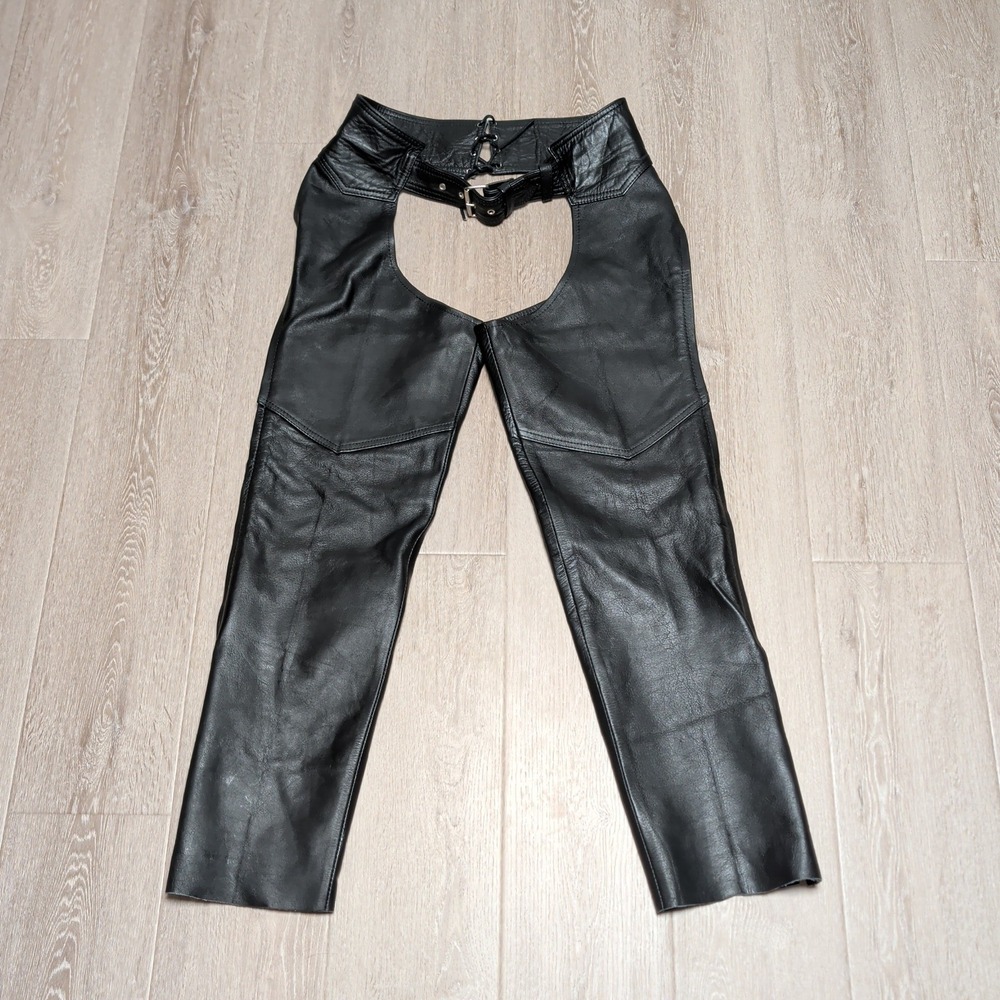 Vintage Pro-Sports Leather Black Motorcycle Chaps Belted Snap Biker Gear L 34x29